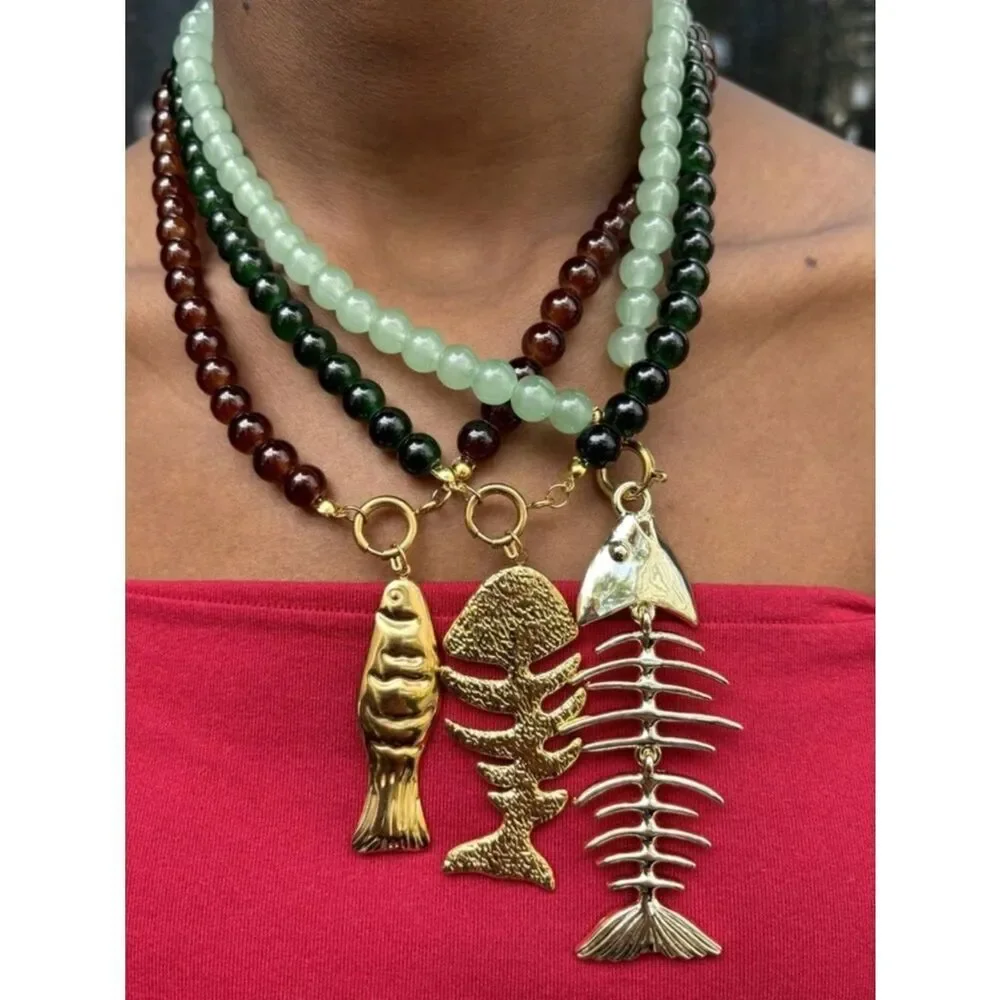 Fishbone Pendant Beaded Necklace A1773